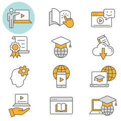 E-learning distance education flat line icon set. Vector illustration. Editable stroke.