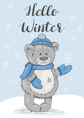 Hello winter. Card with cute teddy bear