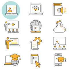 E-learning distance education flat line icon set. Vector illustration. Editable stroke.