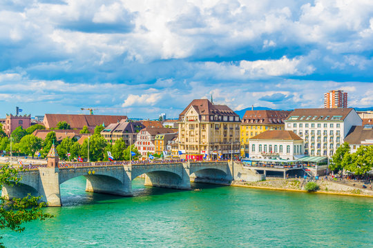 Riverside of Rhine in Basel with mittlere brucke, Switzerland