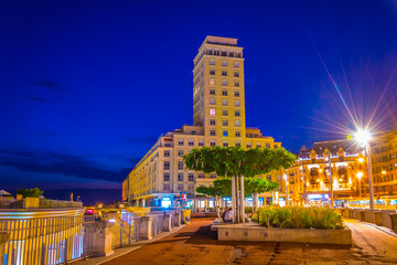 Night view of the Bel-air tower in Lausanne, Switzerland