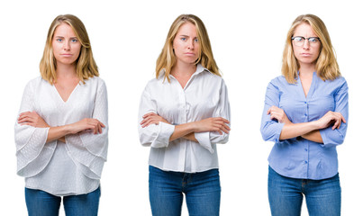 Obraz premium Collage of beautiful blonde business woman over white isolated background skeptic and nervous, disapproving expression on face with crossed arms. Negative person.
