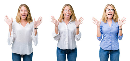 Collage of beautiful blonde business woman over white isolated background celebrating crazy and amazed for success with arms raised and open eyes screaming excited. Winner concept