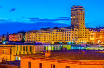 Night view of the Bel-air tower in Lausanne, Switzerland