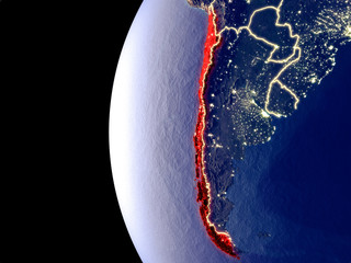 Night view of Chile from space with visible city lights. Very detailed plastic planet surface.