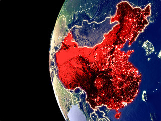 Night view of China from space with visible city lights. Very detailed plastic planet surface.