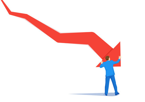 Bankrupt businessman pushed by downward arrow vector concept. Symbol of bankruptcy, failure, recession, crisis and financial losses on stock exchange market.
