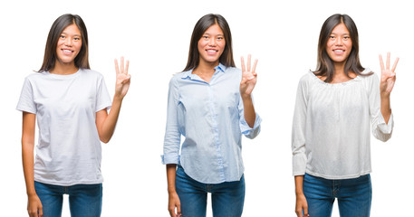 Obraz premium Collage of asian young woman standing over white isolated background showing and pointing up with fingers number three while smiling confident and happy.