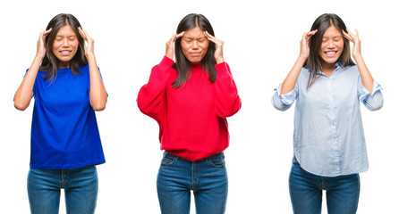 Obraz premium Collage of asian young woman standing over white isolated background with hand on head for pain in head because stress. Suffering migraine.