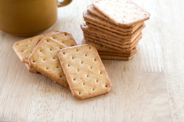 Fototapeta na wymiar Milk cracker cookies Served with hot coffee on wooden desk ,Time break