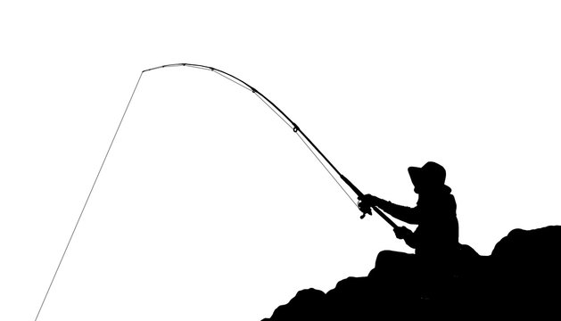 silhouette man fishing on white background