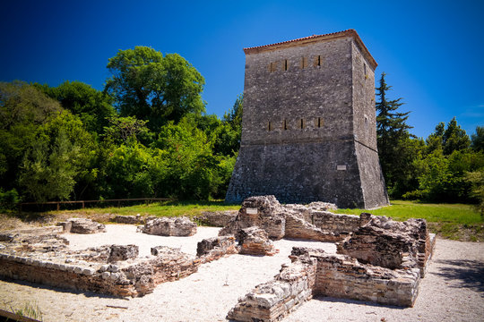 Panoramic view to ruins venetian tower of ancient town of Butrint , Sarande, Albania