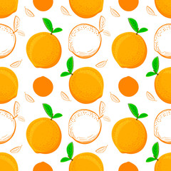 Orange vector seamless pattern. Sketch oranges. Citrus fruit background. Elements for menu, greeting cards, wrapping paper, cosmetics packaging, posters etc