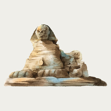 Egyptian Sphinx In Front Of The Pyramid Of Giza Watercolor Illustration