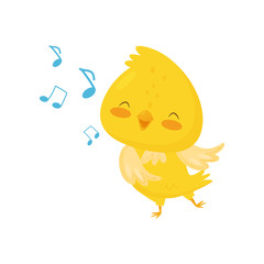 Cute yellow chicken singing, funny bird cartoon character vector Illustration on a white background