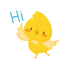 Cute chicken saying Hi, funny bird cartoon character vector Illustration on a white background
