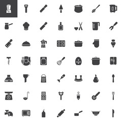 Kitchenware vector icons set, modern solid symbol collection, filled style pictogram pack. Signs, logo illustration. Set includes icons as Blender, Bottle Opener, Knife, Cauldron, Cezve, Chef hat