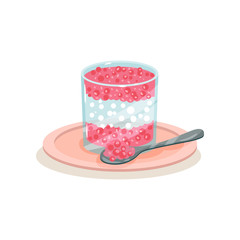 Delicious sago pudding in glass and spoon. Tasty Malaysian dessert. Sweet food. Flat vector icon