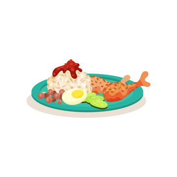 Flat vector icon of Malaysian nasi lemak. Rice with chicken legs, boiled egg, peanuts and cucumber. Tasty dish