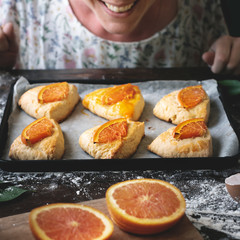 Homemade scones with orange jam food photography recipe idea
