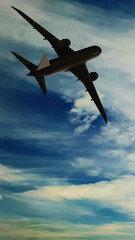 Airliner in the blue sky amongst clouds (3D Rendering)