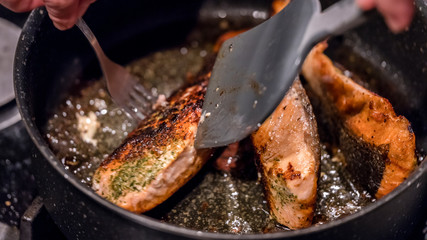 Well done fish, roasted salmon with olive oil and rozmarin spices.