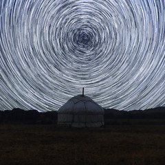 Night of star trail over yurt in the Western Mongolia