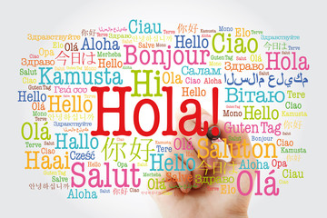 Hola! (Hello Greeting in Spanish) word cloud in different languages of the world with marker,...