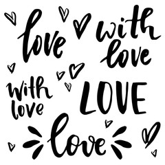 Set of hand drawn lettering words love and with love and brush painted hearts