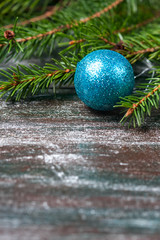 Christmas decorations on the branches of fir tree.