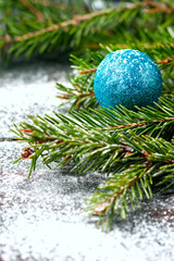Christmas decorations on the branches of fir tree.