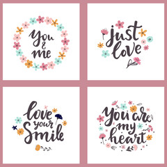 Set of hand written lettering quotes and phrases about love and relationship. Hand drawn lettering words you and me, you are my heart, love your smile, just love .Valentine day cards