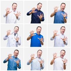 Collage of senior hoary elegant man over white isolated background afraid and terrified with fear expression stop gesture with hands, shouting in shock. Panic concept.