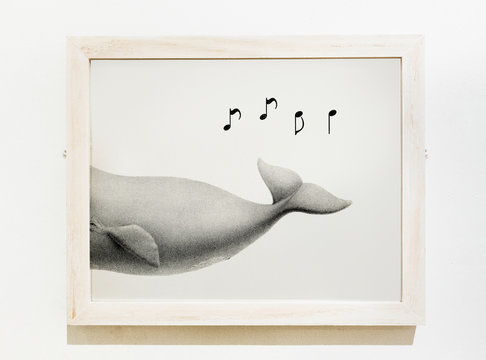 Framed art piece of a whale singing