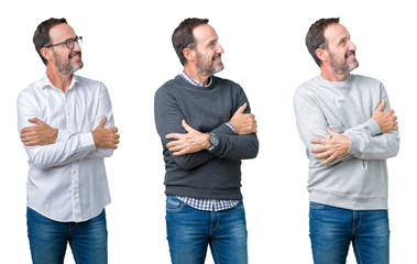 Collage of handsome senior man over white isolated background smiling looking to the side with arms crossed convinced and confident