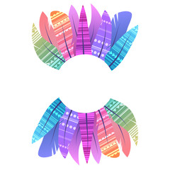 Round frame with multicolored boho feathers of birds with decoration and place for the text separated on white background. Vector template for greeting cards, invitations and your creativity