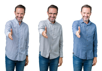 Collage of handsome senior business man over white isolated background smiling friendly offering handshake as greeting and welcoming. Successful business.