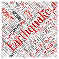 Vector conceptual earthquake activity square red word cloud isolated background. Collage of natural seismic tectonic crust tremble, violent tsunami waves risk, tectonic plates shifting concept design