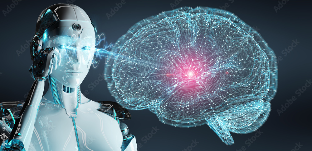 Poster white man humanoid creating artificial intelligence 3d rendering