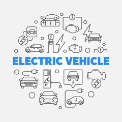Electric vehicle round vector illustration in outline style. EV concept symbol