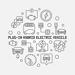 Fototapeta na wymiar Plug-in Electric Vehicle round vector minimal illustration in thin line style