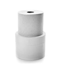 Rolls of toilet paper on white background