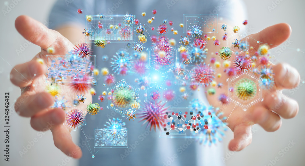 Poster businessman analyzing bacteria microscopic close-up 3d rendering