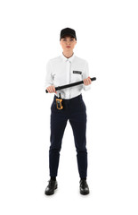 Female security guard with baton on white background