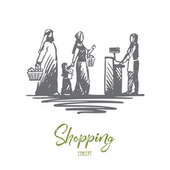 Shopping, purchases, muslim, family concept. Hand drawn isolated vector.