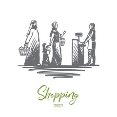 Obraz premium Shopping, purchases, muslim, family concept. Hand drawn isolated vector.