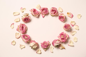 Frame made of beautiful dry roses on white background