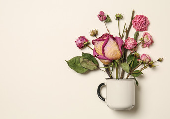 Beautiful dry roses with cup on white background