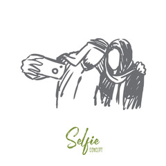 Gadgets, selfie, arab, couple, friends concept. Hand drawn isolated vector.