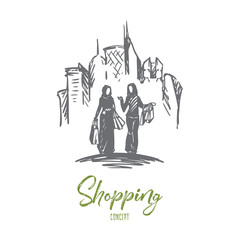 Shopping, city, muslim, arab, hijab concept. Hand drawn isolated vector.